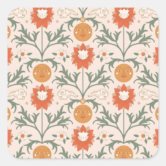 Celestial Floral Sunburst Seamless Pattern Design Vierkante Sticker (Voorkant)
