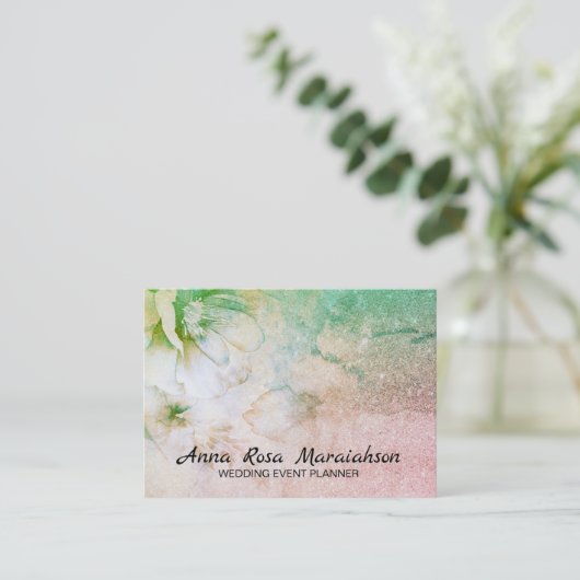 *~* Celestial Floral Waterverf Turquoise Glitter Visitekaartje (Staand voorkant)