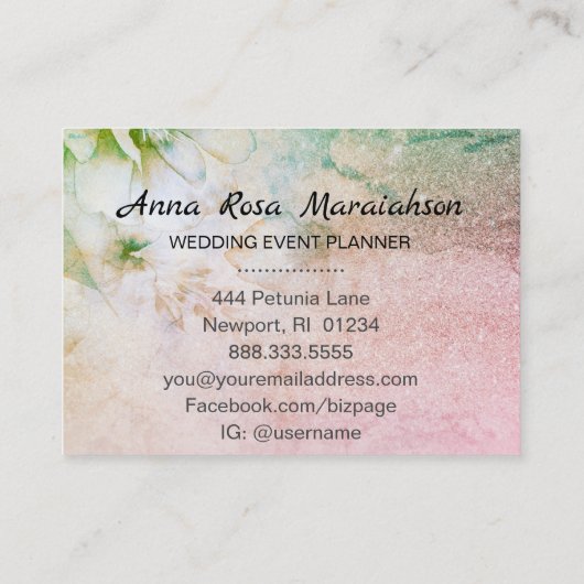 *~* Celestial Floral Waterverf Turquoise Glitter Visitekaartje (Achterkant)