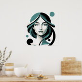 Celestial Flow: Minimalist Teal Portrait Poster (Keuken)
