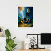 Celestial Fluid Dreams Poster - Goud Blauw Surreal (Thuiskantoor)