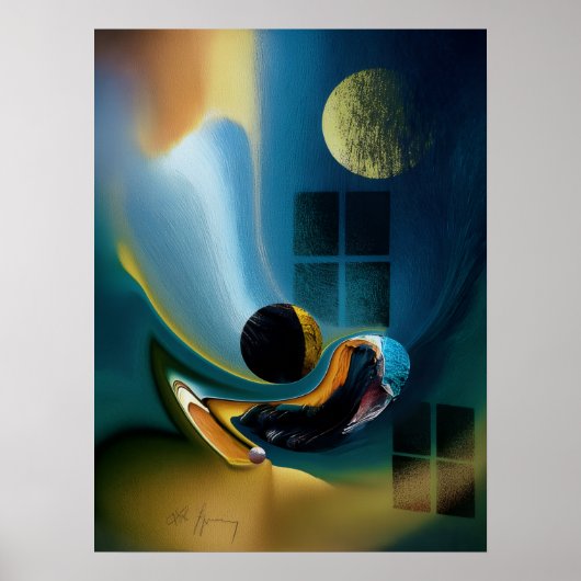 Celestial Fluid Dreams Poster - Goud Blauw Surreal (Voorkant)