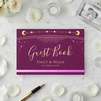 Celestial Fuchsia Gold Sun Moon Stars Wedding Gastenboek