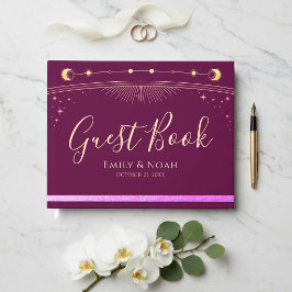 Celestial Fuchsia Gold Sun Moon Stars Wedding  Gastenboek