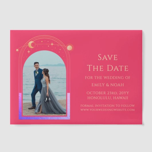 Celestial Fuchsia Roze Fotobruiloft Bewaar de datu Vellum Uitnodigingen (Voorkant)