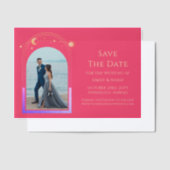 Celestial Fuchsia Roze Fotobruiloft Bewaar de datu Vellum Uitnodigingen (Offset)