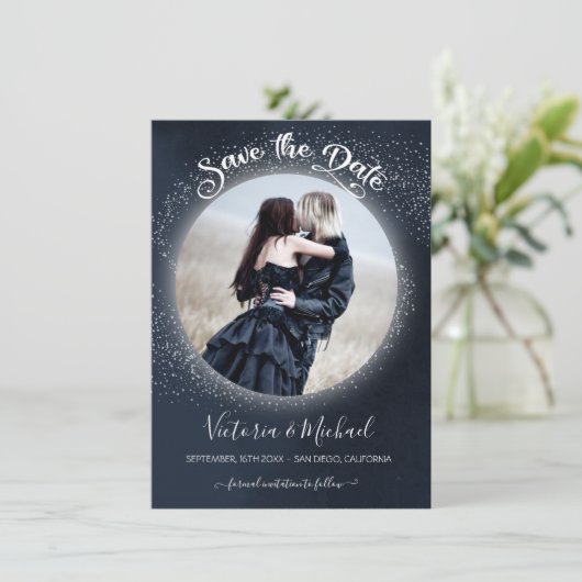 Celestial Full Moon and Stars Photo Save the Date Kaart (Staand voorkant)