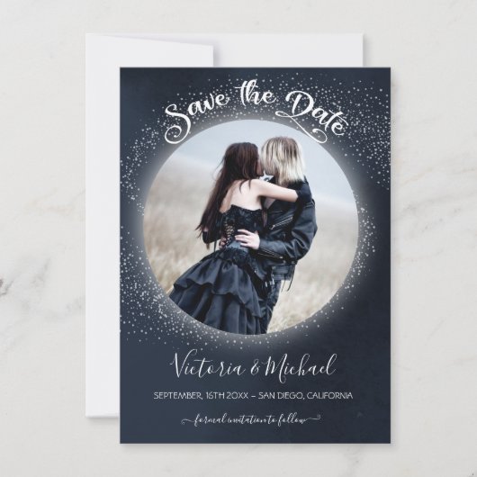Celestial Full Moon and Stars Photo Save the Date Kaart (Voorkant)