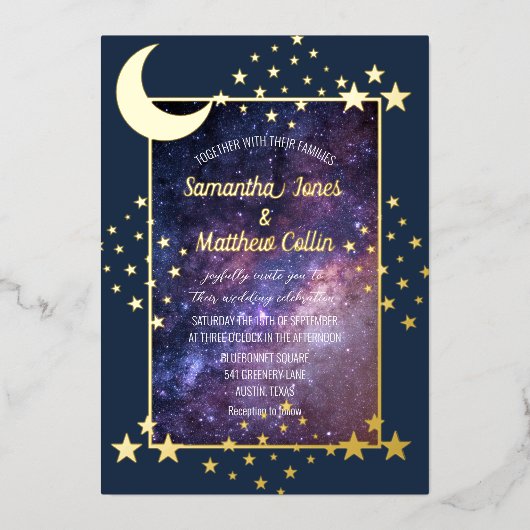 Celestial Galaxy Cosmos Moon Sky Gold Folie Weddin Uitnodiging (Voorkant)