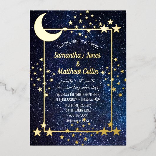 Celestial Galaxy Cosmos Moon Sky Gold Folie Weddin Uitnodiging (Voorkant)
