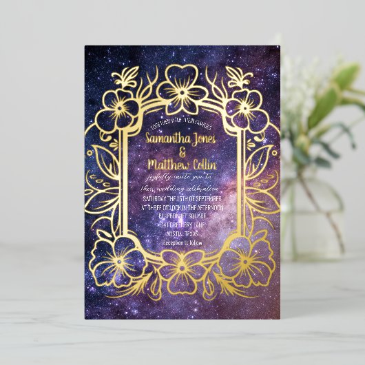 Celestial Galaxy Cosmos Night Gold Folie Wedding Folie Uitnodiging (Staand Voorkant)