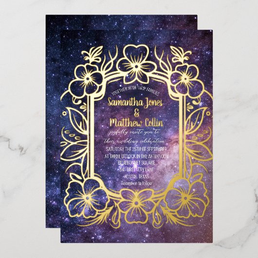 Celestial Galaxy Cosmos Night Gold Folie Wedding Folie Uitnodiging (Voorkant / Achterkant)