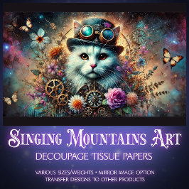 Celestial Galaxy Floral Steampunk Cat Decoupage Tissuepapier