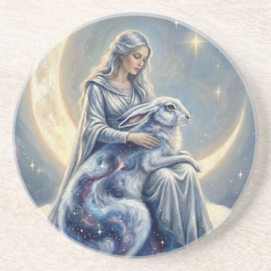 Celestial Galaxy Hare Moon Goddess Fantasy Art Zandsteen Onderzetter (Voorkant)