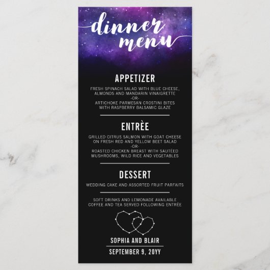 Celestial Galaxy Hearts Sterren Bruiloft Diner Men Menu (Voorkant)
