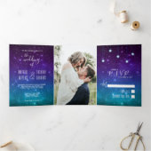 Celestial Galaxy Night Sky Stars Foto Weddenschap Drieluik Uitnodiging (Binnen)