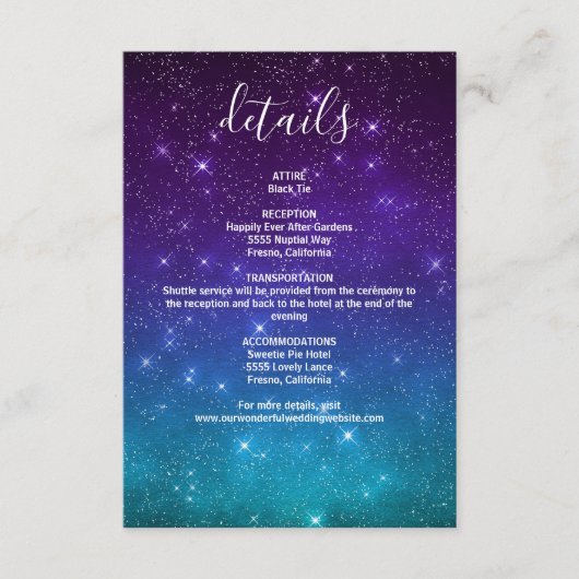 Celestial Galaxy Night Sky Stars Wedding Details Informatiekaartje (Voorkant)
