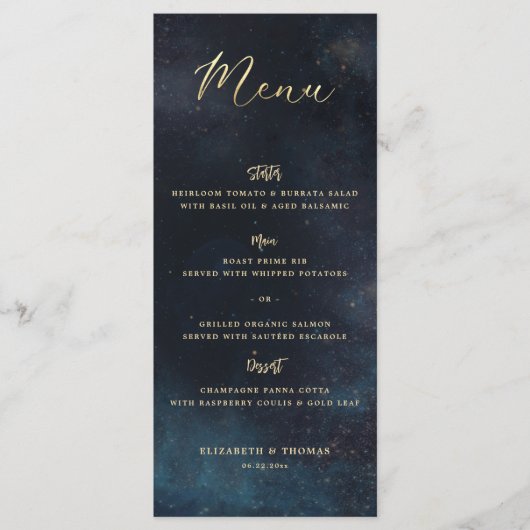 Celestial Galaxy Starry Night Moody Blue Wedding Menu (Voorkant)