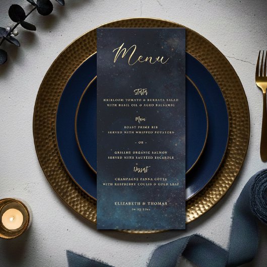Celestial Galaxy Starry Night Moody Blue Wedding Menu