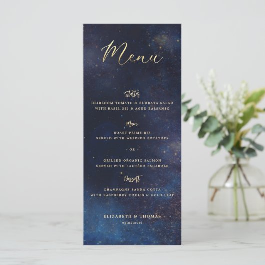 Celestial Galaxy Starry Night Navy Blue Wedding Menu (Staand voorkant)