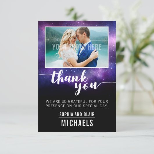 Celestial Galaxy Stars bruiloft dank u foto Bedankkaart (Staand voorkant)