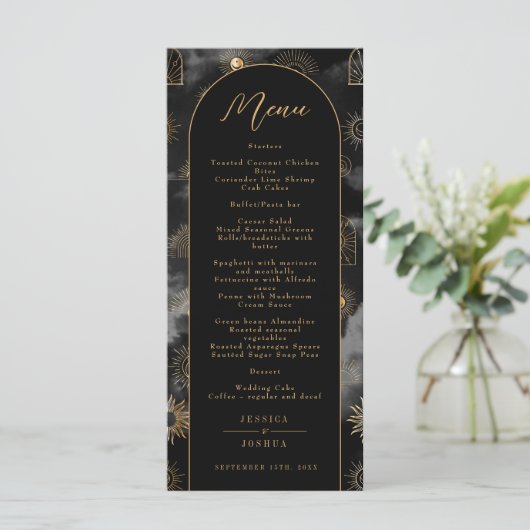 Celestial Galaxy Sun Crescent Moon Black Boho Menu (Staand voorkant)