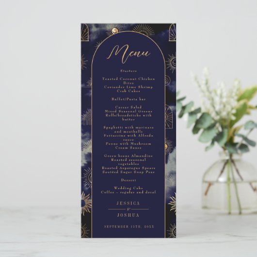 Celestial Galaxy Sun Crescent Moon Navy Boho Menu (Staand voorkant)