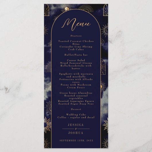 Celestial Galaxy Sun Crescent Moon Navy Boho Menu (Voorkant)