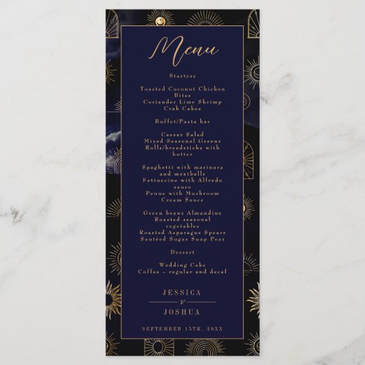 Celestial Galaxy Sun Crescent Moon Navy Menu (Voorkant)