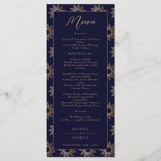 Celestial Galaxy Sun Gouden Marine Blauw Menu (Voorkant)
