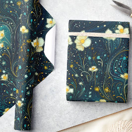 Celestial Garden Navy Blue, Gouden Bloemen Decoupa Cadeaupapier