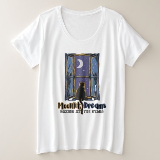 Celestial Gaze: Zwarte kat en halve maan Grote Maat T-shirt (Design voorkant)