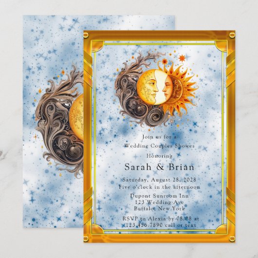 Celestial geel blauw zon bruiloft koppels douche kaart (Voorkant / Achterkant)
