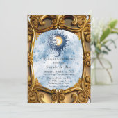 Celestial Geel Blauw Zon Maan Art Deco Bruiloft Kaart (Staand voorkant)