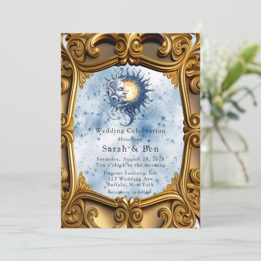 Celestial Geel Blauw Zon Maan Art Deco Bruiloft Kaart (Staand voorkant)