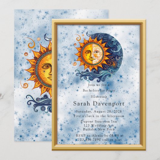 Celestial Geel Blauw Zon Maan Bachelorette Party Kaart (Voorkant / Achterkant)
