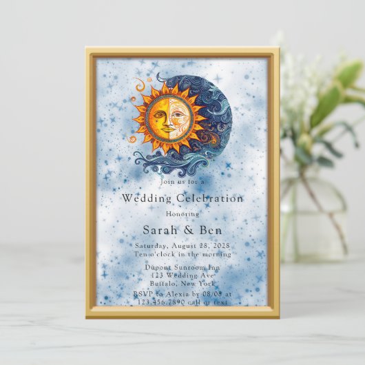 Celestial Geel Blauw Zon Maan Bruiloft Kaart (Staand voorkant)