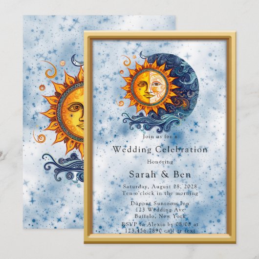 Celestial Geel Blauw Zon Maan Bruiloft Kaart (Voorkant / Achterkant)