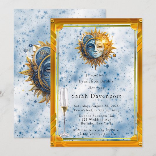 Celestial Geel Blauw Zon Maan Brunch & Bubble Kaart (Voorkant / Achterkant)