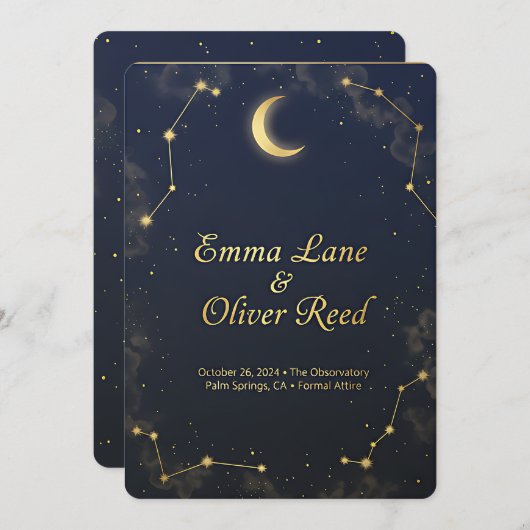 Celestial Gemini Wedding Invitation Elegant Double Kaart (Voorkant / Achterkant)