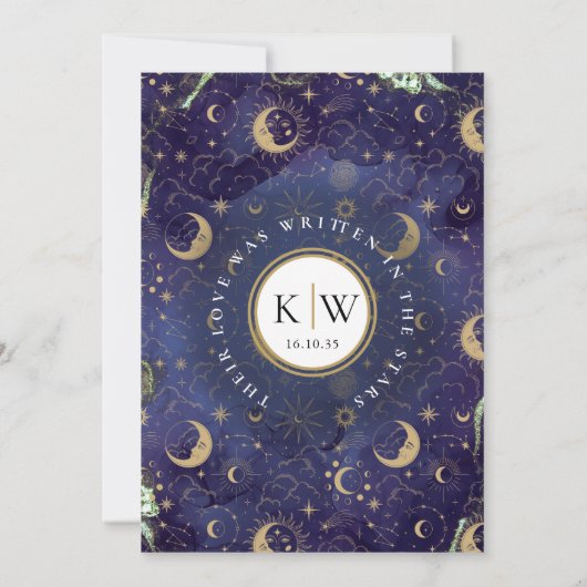 Celestial geschreven in de sterren maan bruiloft save the date (Achterkant)