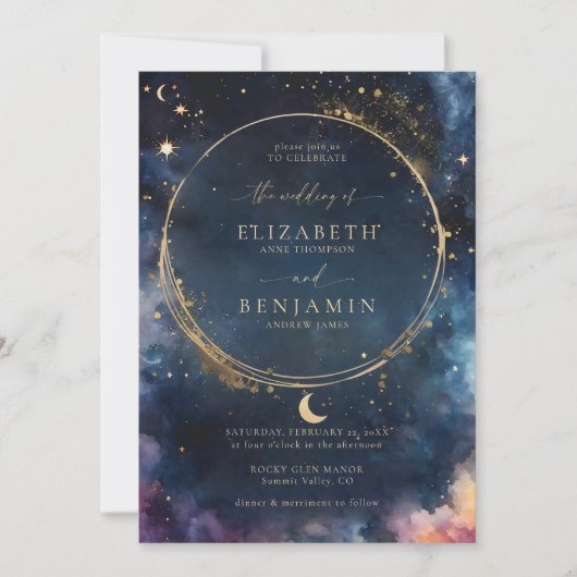 Celestial Gift Midnight Blue Elegant Gold Wedding Kaart (Voorkant)