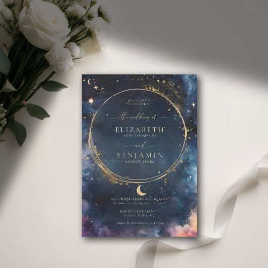 Celestial Gift Midnight Blue Elegant Gold Wedding Kaart
