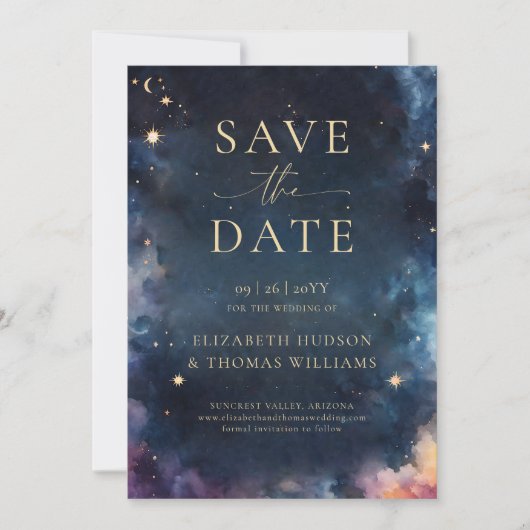 Celestial Gift Midnight Blue Wedding Save the Date (Voorkant)
