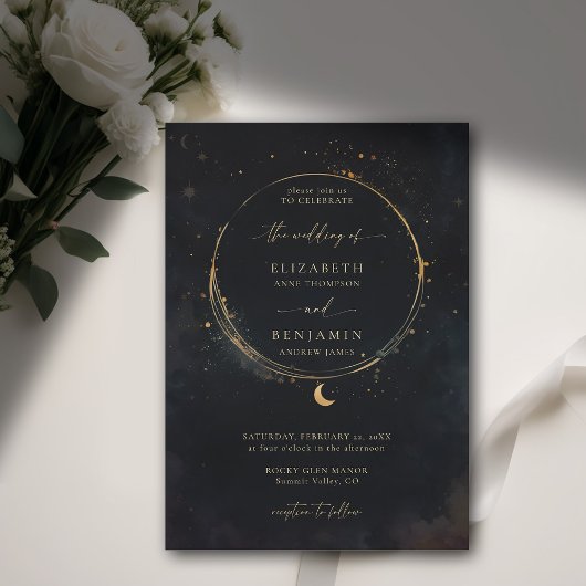Celestial Gift Moody Dark Elegant Gold Wedding Kaart