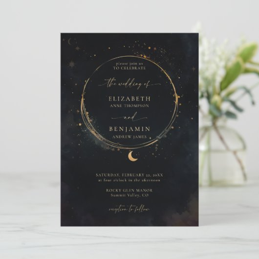 Celestial Gift Moody Dark Elegant Gold Wedding Kaart (Staand voorkant)