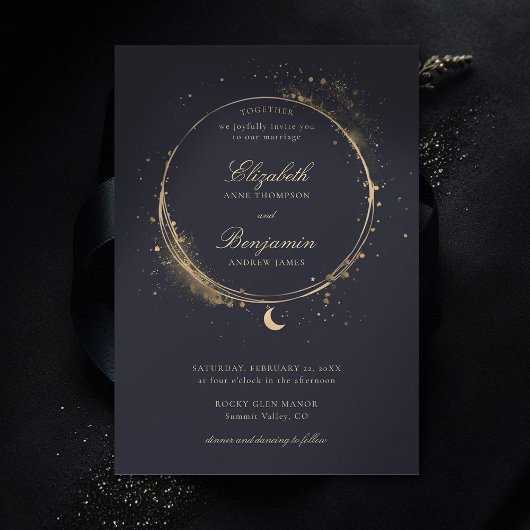 Celestial Gift Moody Navy Elegant Gold Wedding Kaart