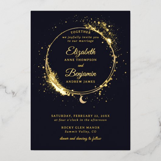 Celestial Gift Moody Navy Elegant Wedding Gold Folie Uitnodiging (Voorkant)