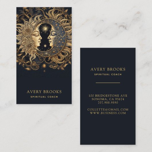 Celestial Gold Black Sun Moon Spiritueel Coach Visitekaartje (Voorkant / Achterkant)