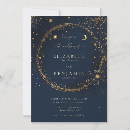 Celestial Gold Dust Midnight Blue Elegant Wedding Kaart (Voorkant)